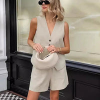 V-neck Vest High Waist Wide Leg Pants Suit Fashion