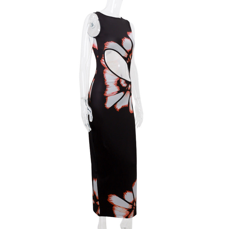 Retro Printed Sleeveless Hollow Sexy Slim Fit Color-matching Dress