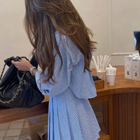 Elegant Blue Striped Women's Two-piece Set Fashion Long Sleeve