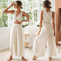 Women's Fashion Drawstring Short Sleeve Top Wide Leg Suit