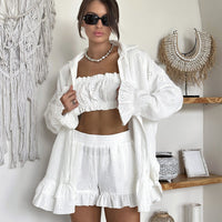 Women's White Cotton Jacquard Pajamas Three-piece Set Loose