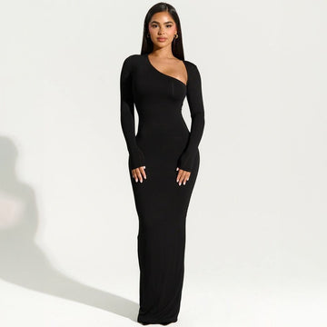 Long-sleeved Slim-fit Dress With Sloping Neck And Slit Back